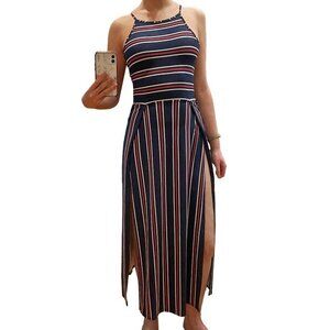 2/$30 Like New Y2K Striped Side Slits Maxi Dress Navy Red Small